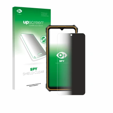 Parte frontal de un envase de producto con el logotipo de la marca upscreen. Al lado se muestra el dispositivo Ulefone RugKing