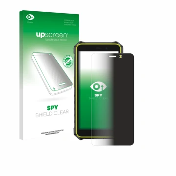 Parte frontal de un envase de producto con el logotipo de la marca upscreen. Al lado se muestra el dispositivo Ulefone RugKing