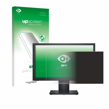 Parte frontal de un envase de producto con el logotipo de la marca upscreen. Al lado se muestra el dispositivo Dell E1920H con