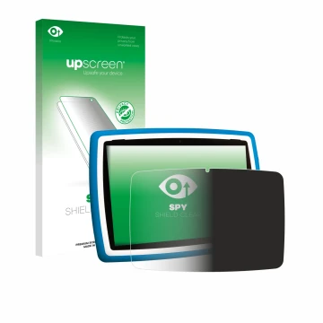 Parte frontal de un envase de producto con el logotipo de la marca upscreen. Al lado se muestra el dispositivo Lisciani Mio Ta