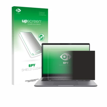 Parte frontal de un envase de producto con el logotipo de la marca upscreen. Al lado se muestra el dispositivo ASUS ExpertBook