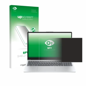 Parte frontal de un envase de producto con el logotipo de la marca upscreen. Al lado se muestra el dispositivo HP OmniBook 3 1