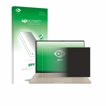 Parte frontal de un envase de producto con el logotipo de la marca upscreen. Al lado se muestra el dispositivo ASUS ZenBook A1