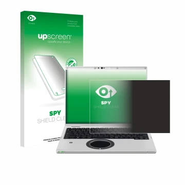 Parte frontal de un envase de producto con el logotipo de la marca upscreen. Al lado se muestra el dispositivo Panasonic CF-FV