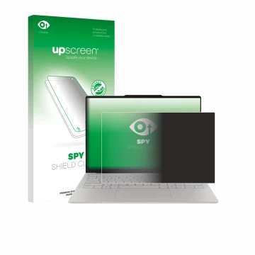Parte frontal de un envase de producto con el logotipo de la marca upscreen. Al lado se muestra el dispositivo Lenovo Yoga Sli