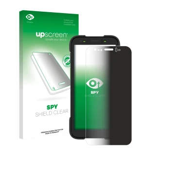 Parte frontal de un envase de producto con el logotipo de la marca upscreen. Al lado se muestra el dispositivo Zebra TC701 con