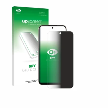 Parte frontal de un envase de producto con el logotipo de la marca upscreen. Al lado se muestra el dispositivo Oppo A6 con su 