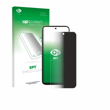 Parte frontal de un envase de producto con el logotipo de la marca upscreen. Al lado se muestra el dispositivo Oppo A6c con su