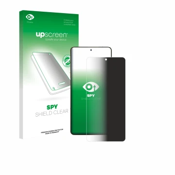 Parte frontal de un envase de producto con el logotipo de la marca upscreen. Al lado se muestra el dispositivo Motorola Signat