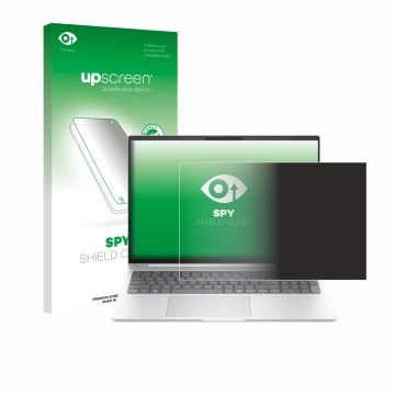 Parte frontal de un envase de producto con el logotipo de la marca upscreen. Al lado se muestra el dispositivo HP EliteBook 8 