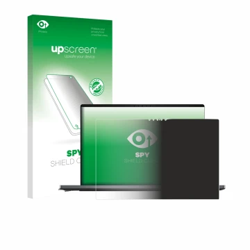 Parte frontal de un envase de producto con el logotipo de la marca upscreen. Al lado se muestra el dispositivo Dell XPS 14 DA1