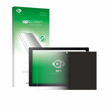 Parte frontal de un envase de producto con el logotipo de la marca upscreen. Al lado se muestra el dispositivo Acer Chromebook
