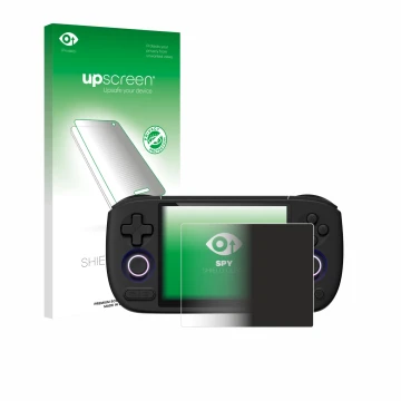 Parte frontal de un envase de producto con el logotipo de la marca upscreen. Al lado se muestra el dispositivo Ayaneo Pocket A