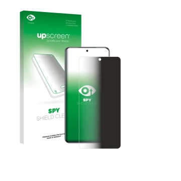 Parte frontal de un envase de producto con el logotipo de la marca upscreen. Al lado se muestra el dispositivo realme Neo 8 co