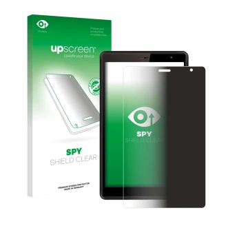 Parte frontal de un envase de producto con el logotipo de la marca upscreen. Al lado se muestra el dispositivo Logicom Tab 80 