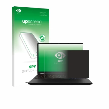 Parte frontal de un envase de producto con el logotipo de la marca upscreen. Al lado se muestra el dispositivo XMG Apex 16 Max