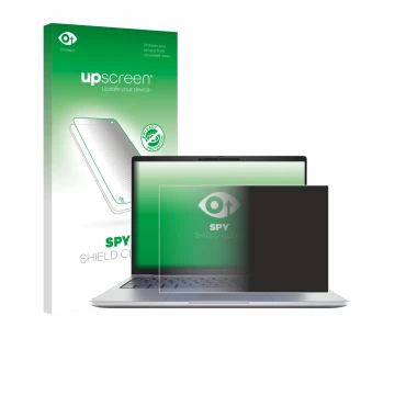 Parte frontal de un envase de producto con el logotipo de la marca upscreen. Al lado se muestra el dispositivo HP EliteBook 8 