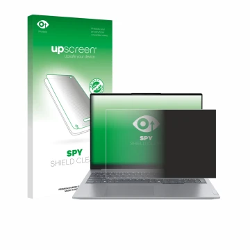 Parte frontal de un envase de producto con el logotipo de la marca upscreen. Al lado se muestra el dispositivo Lenovo ThinkBoo