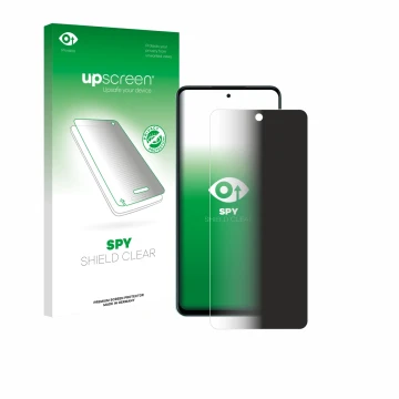 Parte frontal de un envase de producto con el logotipo de la marca upscreen. Al lado se muestra el dispositivo Oppo A5 4G con 