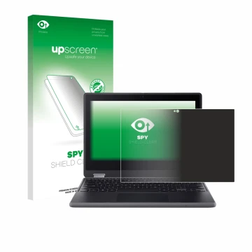 Parte frontal de un envase de producto con el logotipo de la marca upscreen. Al lado se muestra el dispositivo Acer Chromebook