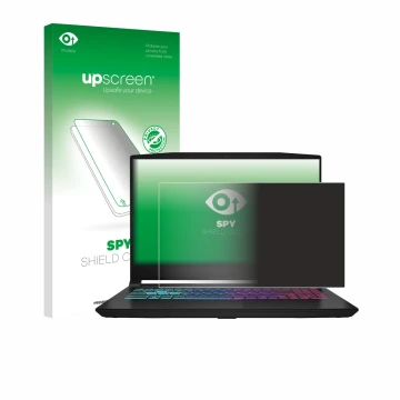 Parte frontal de un envase de producto con el logotipo de la marca upscreen. Al lado se muestra el dispositivo MSI Katana 15 H