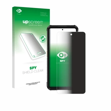 Parte frontal de un envase de producto con el logotipo de la marca upscreen. Al lado se muestra el dispositivo Ulefone RugOne 