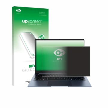 Parte frontal de un envase de producto con el logotipo de la marca upscreen. Al lado se muestra el dispositivo Chuwi CoreBook 