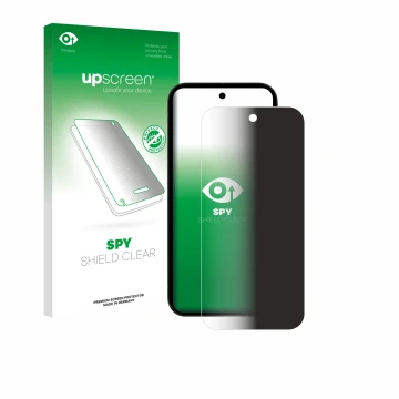 Parte frontal de un envase de producto con el logotipo de la marca upscreen. Al lado se muestra el dispositivo Google Pixel 10