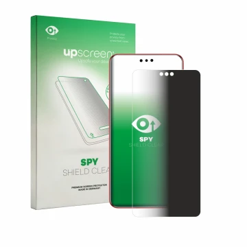 Parte frontal de un envase de producto con el logotipo de la marca upscreen. Al lado se muestra el dispositivo Huawei Mate 60 