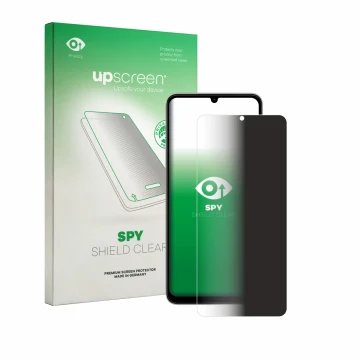 Parte frontal de un envase de producto con el logotipo de la marca upscreen. Al lado se muestra el dispositivo Vivo Y11 2026 c