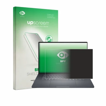Parte frontal de un envase de producto con el logotipo de la marca upscreen. Al lado se muestra el dispositivo Dell Pro Precis