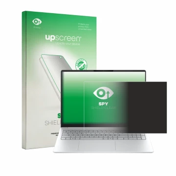 Parte frontal de un envase de producto con el logotipo de la marca upscreen. Al lado se muestra el dispositivo HP OmniBook 3 1