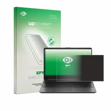 Parte frontal de un envase de producto con el logotipo de la marca upscreen. Al lado se muestra el dispositivo HP EliteBook 25