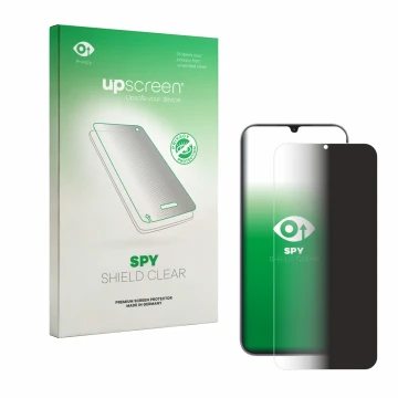 Parte frontal de un envase de producto con el logotipo de la marca upscreen. Al lado se muestra el dispositivo realme C100i co