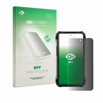 Parte frontal de un envase de producto con el logotipo de la marca upscreen. Al lado se muestra el dispositivo Unihertz 8849 T