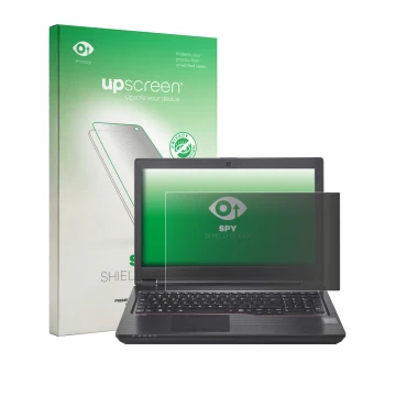 Parte frontal de un envase de producto con el logotipo de la marca upscreen. Al lado se muestra el dispositivo Fujitsu Celsius
