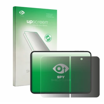 Parte frontal de un envase de producto con el logotipo de la marca upscreen. Al lado se muestra el dispositivo Apple iPhone Du