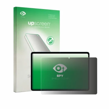 Parte frontal de un envase de producto con el logotipo de la marca upscreen. Al lado se muestra el dispositivo Teclast P35 con