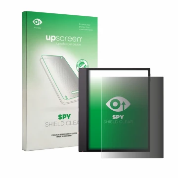 Parte frontal de un envase de producto con el logotipo de la marca upscreen. Al lado se muestra el dispositivo Boox Note Air 6
