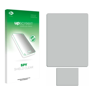 Parte frontal de un envase de producto con el logotipo de la marca upscreen. Al lado está el protector de pantalla correspondi