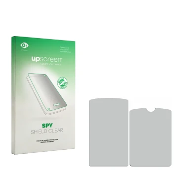 Parte frontal de un envase de producto con el logotipo de la marca upscreen. Al lado está el protector de pantalla correspondi