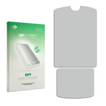 Parte frontal de un envase de producto con el logotipo de la marca upscreen. Al lado está el protector de pantalla correspondi