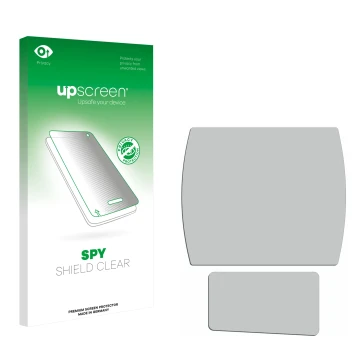 Parte frontal de un envase de producto con el logotipo de la marca upscreen. Al lado está el protector de pantalla correspondi