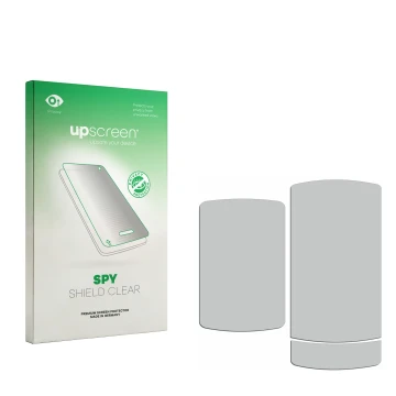 Parte frontal de un envase de producto con el logotipo de la marca upscreen. Al lado está el protector de pantalla correspondi