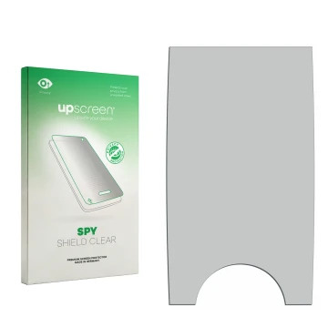 Parte frontal de un envase de producto con el logotipo de la marca upscreen. Al lado está el protector de pantalla correspondi