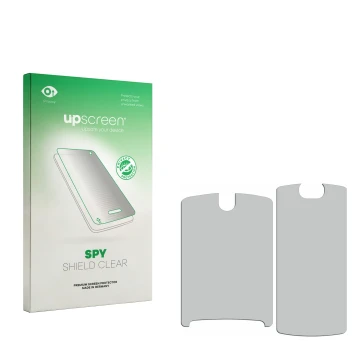 Parte frontal de un envase de producto con el logotipo de la marca upscreen. Al lado está el protector de pantalla correspondi