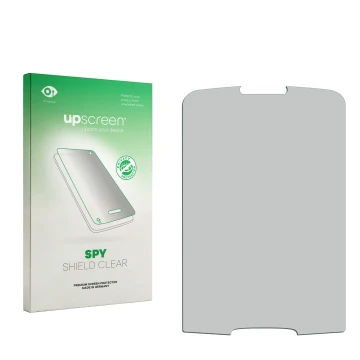 Parte frontal de un envase de producto con el logotipo de la marca upscreen. Al lado está el protector de pantalla correspondi
