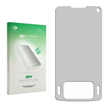 Parte frontal de un envase de producto con el logotipo de la marca upscreen. Al lado está el protector de pantalla correspondi