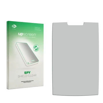 Parte frontal de un envase de producto con el logotipo de la marca upscreen. Al lado está el protector de pantalla correspondi