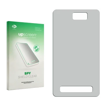 Parte frontal de un envase de producto con el logotipo de la marca upscreen. Al lado está el protector de pantalla correspondi